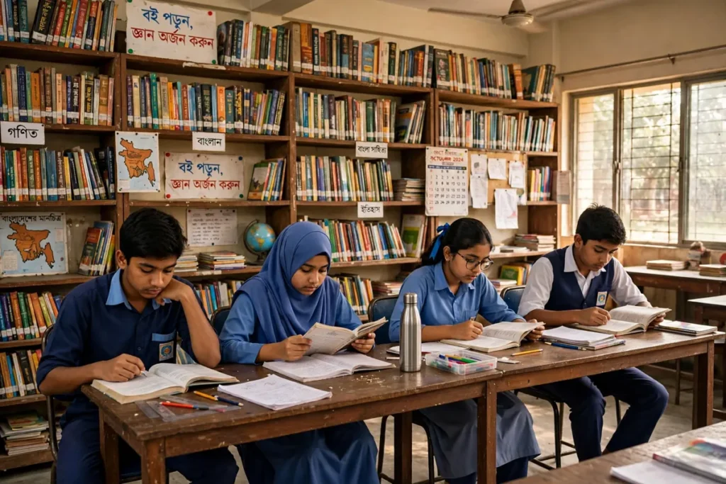 পাঠাগারে বই পড়ছে শিক্ষার্থীরা