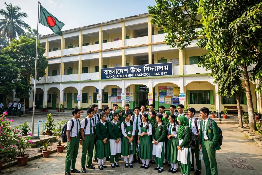 রাউজান আইটি উচ্চ বিদ্যালয়ের মূল ভবন ও শিক্ষার্থীরা